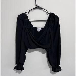STUNN+D Blouse Womens Small Crop Top Black Twist Front Puff Sleeve